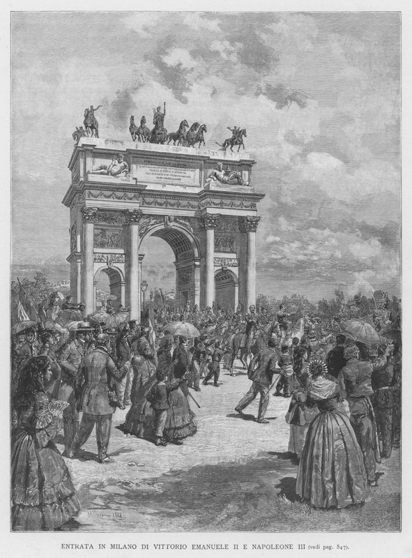Vittorio Emanuele II és Napóleon III belépés Milánóba (metszet) alkotó: Edouardo Matania