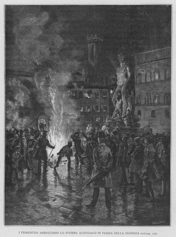A firenzei Abbruciano Az osztrák címer a Piazza Della Signoria téren (metszet) alkotó: Edouardo Matania