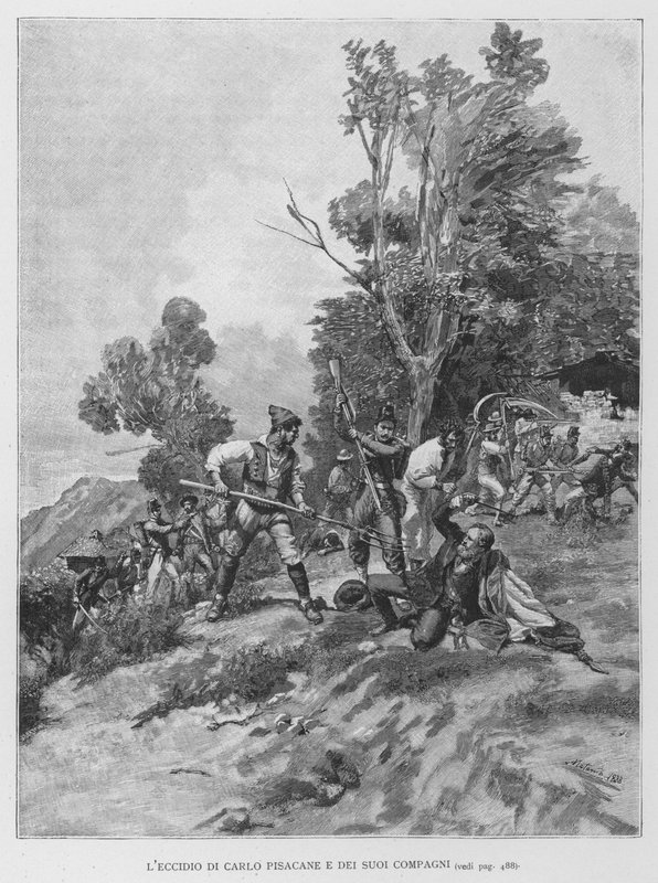 Carlo Pisacane és társai mészárlása (metszet) alkotó: Edouardo Matania