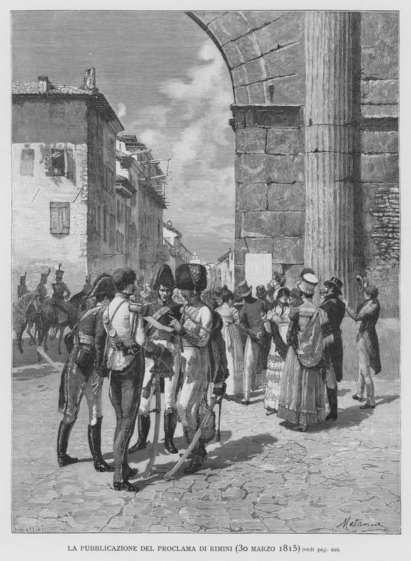 Rimini kiáltványának kiadványa, 1815. március 30. (metszet) alkotó: Edouardo Matania