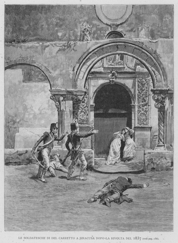 Del Carretto katonái Syracusában az 1837-es lázadás után (metszet) alkotó: Edouardo Matania