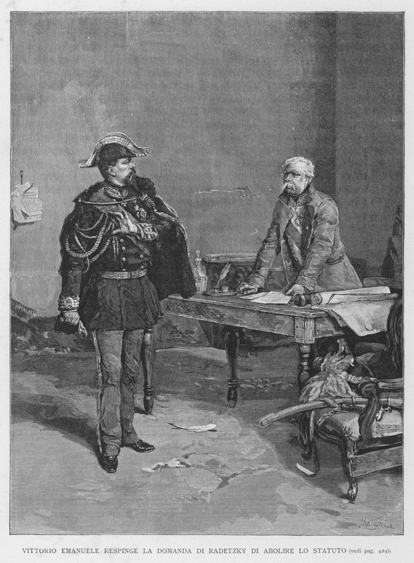 Vittorio Emanuele elutasítja Radetzky kérését a statútum eltörlésére (metszet) alkotó: Edouardo Matania