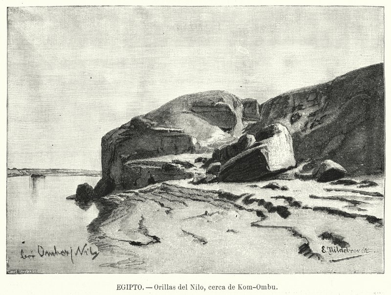 A Nílus partja, Kom Ombo közelében, Egyiptom (litho) alkotó: Eduard (after) Hildebrandt