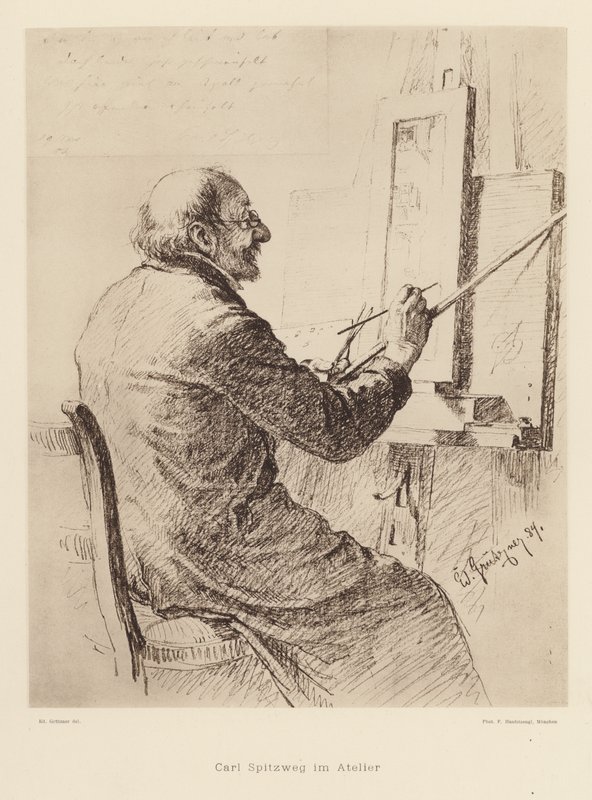 Carl Spitzweg, német romantikus festő portréja (litográfia) alkotó: Eduard von (after) Grutzner