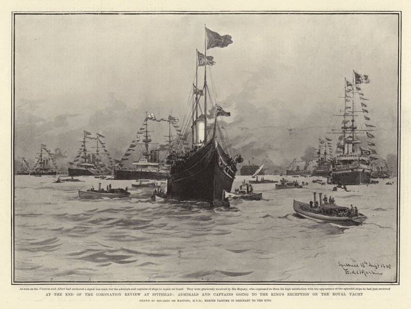 A Spithead-i koronázási szemle végén admirálisok és kapitányok mennek a király fogadására a királyi jachton alkotó: Eduardo de Martino
