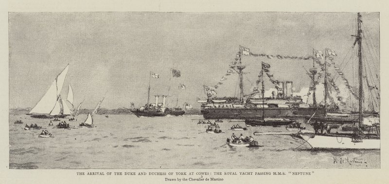 York hercegének és hercegnőjének megérkezése Cowes-ba, a királyi jacht elhaladva a HMS Neptune mellett alkotó: Eduardo de Martino