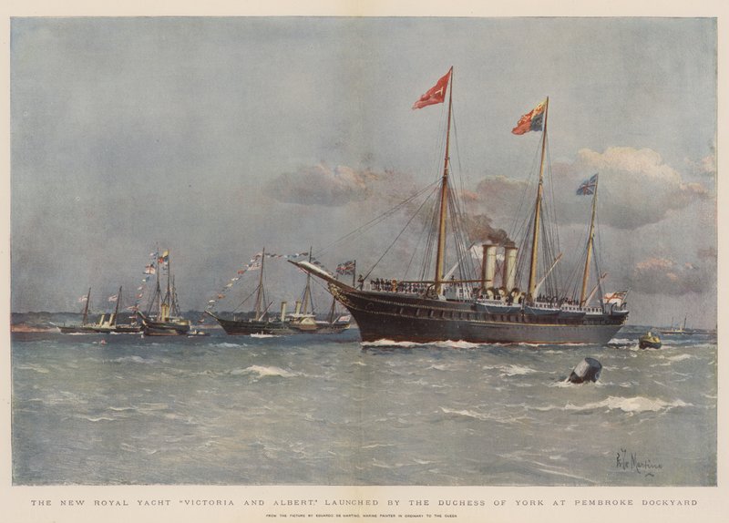 A Victoria and Albert új királyi jacht, amelyet York hercegné bocsátott vízre a Pembroke Dockyardban (chromolitho) alkotó: Eduardo de Martino