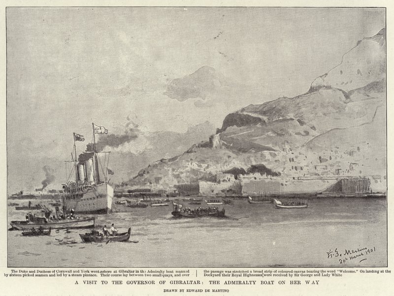 Látogatás Gibraltár kormányzójánál, az Admiralitás hajója az úton (litho) alkotó: Eduardo de Martino