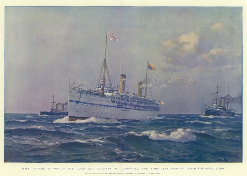 A HMS Ophir, amelyen Cornwall és York hercege és hercegnője gyarmati körútját teszi meg. alkotó: Eduardo de Martino