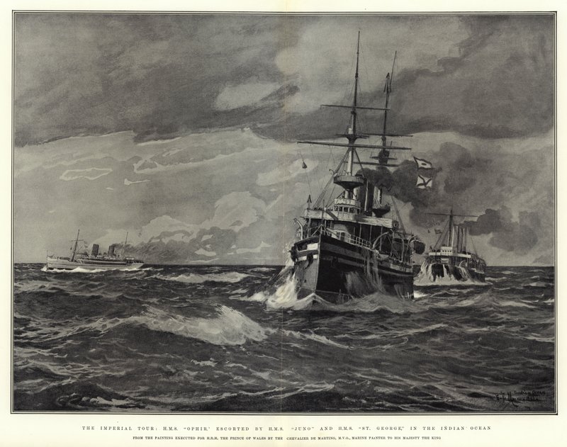 Az Imperial Tour, H M S Ophir, a H M S Juno és a H M S St George kíséretében, az Indiai-óceánon. alkotó: Eduardo de Martino