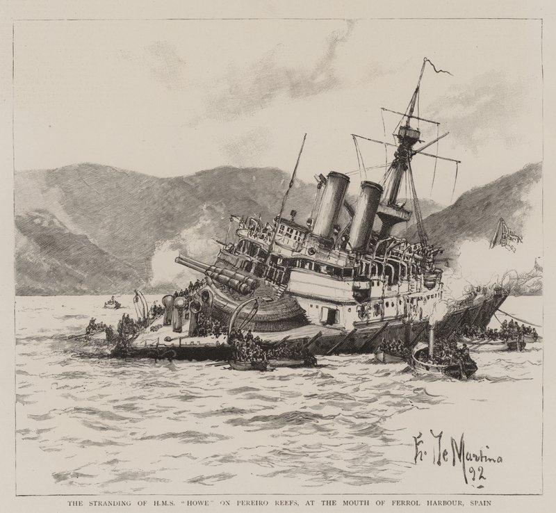 A HMS Howe partraszállása a Pereiro-zátonyokon, Ferrol kikötő torkolatánál, Spanyolország alkotó: Eduardo de Martino