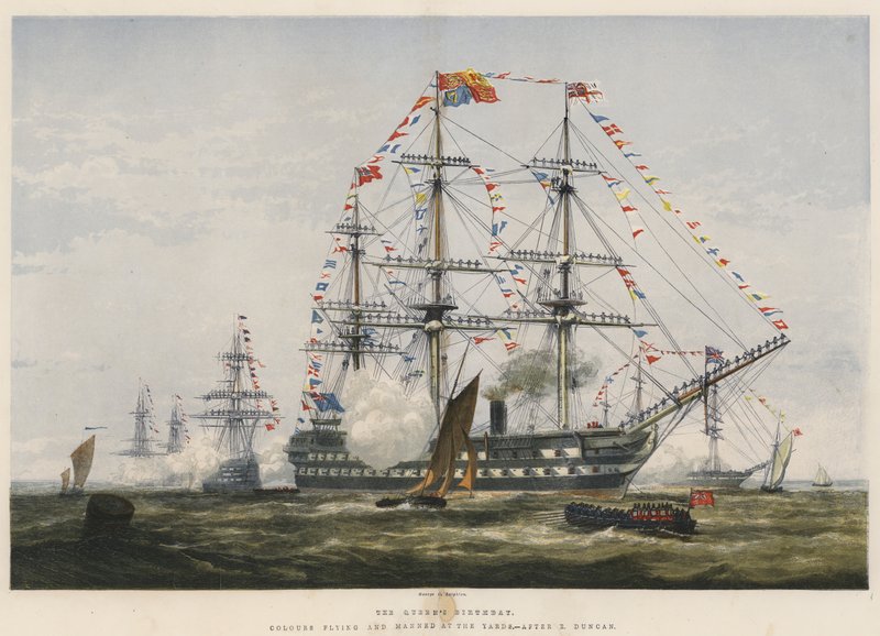 A királynő születésnapja, a színek repülnek és legénységgel az udvarokon (chromolitho) alkotó: Edward Duncan