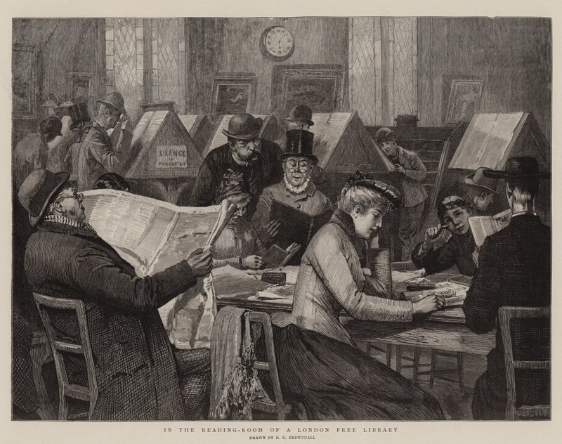 Egy londoni szabad könyvtár olvasótermében alkotó: Edward Frederick Brewtnall