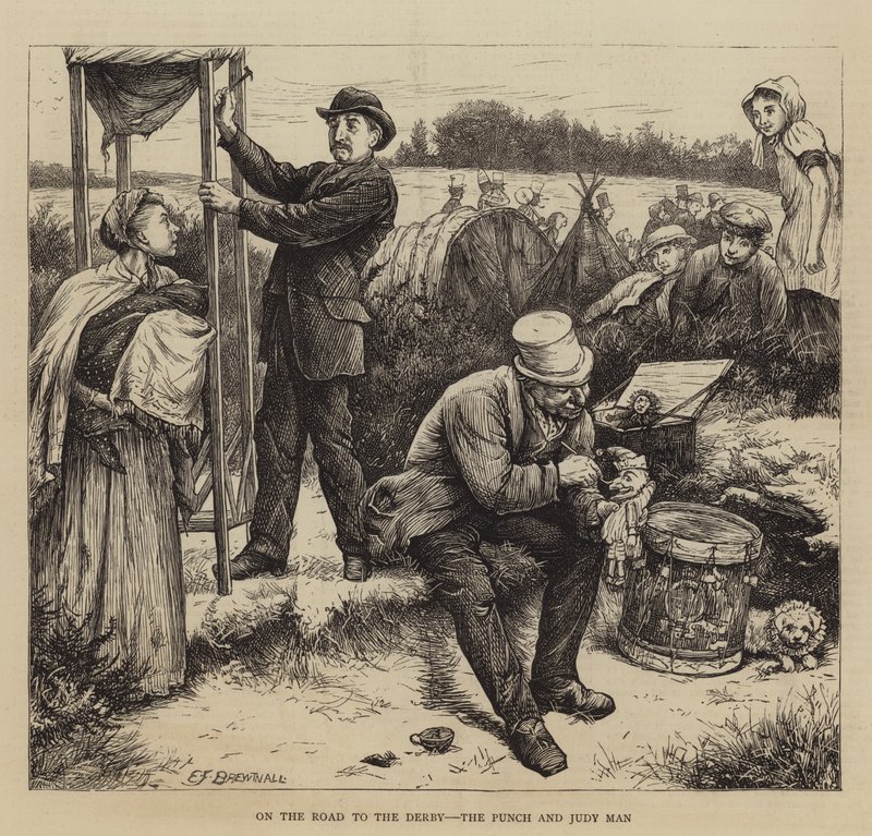 Úton a Derby felé, a Punch és a Judy Man alkotó: Edward Frederick Brewtnall