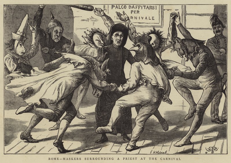 Róma, álarcosok egy papot körülvevő karneválon alkotó: Edward Frederick Brewtnall