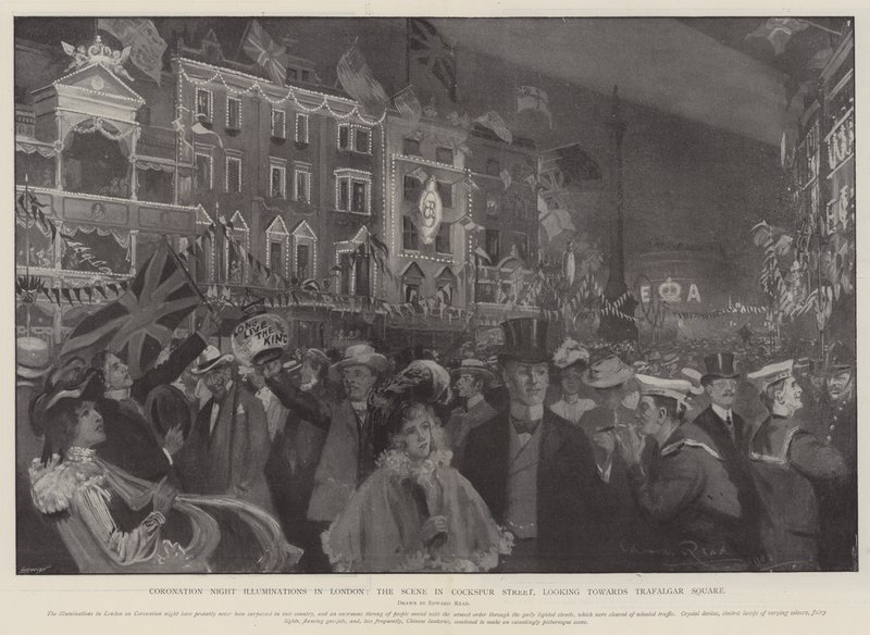 A Coronation Night Illuminations Londonban, a jelenet a Cockspur Streeten, a Trafalgar Square felé nézve alkotó: Edward Read