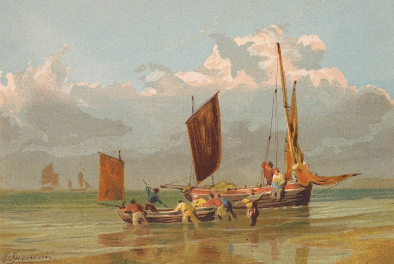 Kihajózó halászhajók, Norfolk előtt (színes litográfia) alkotó: Edward (after) Duncan