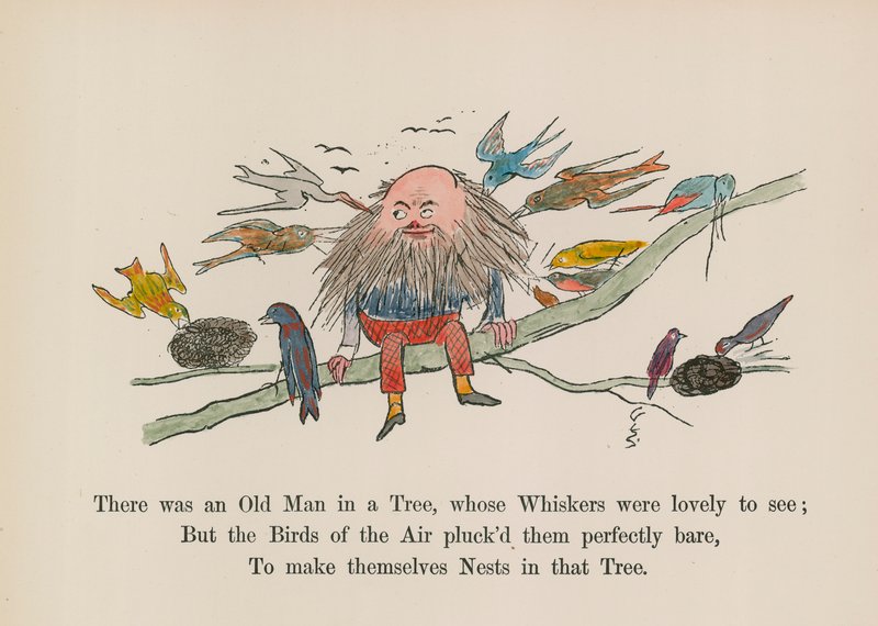 Volt egy öregember a fán, akinek a bajuszát nagyon szép volt látni (színes metszet). alkotó: Edward (after) Lear