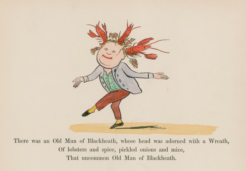 Volt egy Blackheath-i öregember, akinek a fejét koszorú díszítette (színes metszet). alkotó: Edward (after) Lear