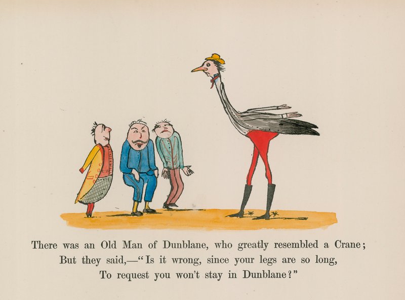 Volt egy dunblane-i öregember, aki nagyon hasonlított egy daruhoz (színes metszet). alkotó: Edward (after) Lear