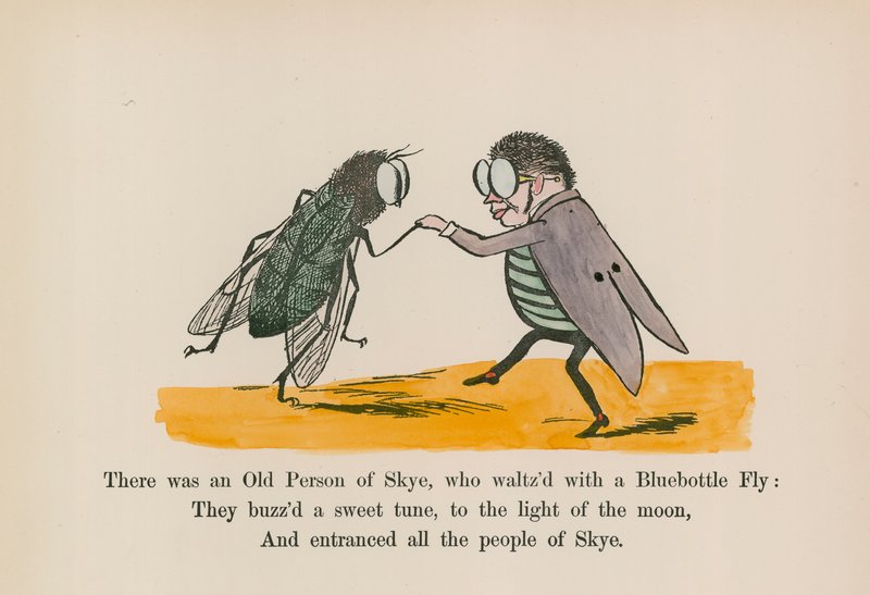Volt egy öreg Skye-i ember, aki keringőzött egy Kékfoltos Légyel (színes metszet). alkotó: Edward (after) Lear