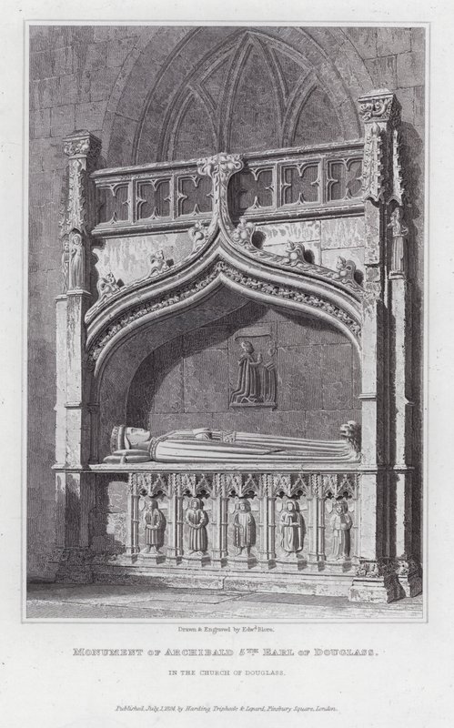 Archibald 5. Douglass gróf emlékműve a Douglass-templomban (metszet) alkotó: Edward Blore