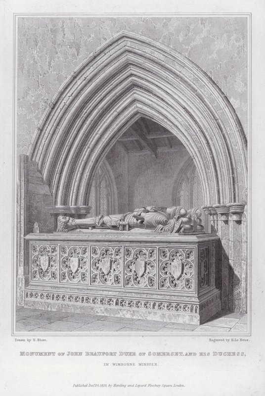 John Beaufort, Somerset hercegének és hercegnőjének emlékműve a wimborne-i kegyhelyen (metszet) alkotó: Edward Blore