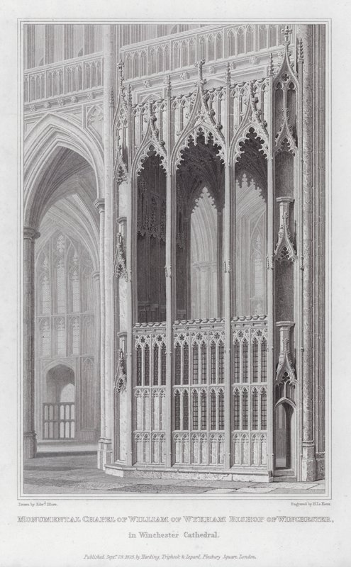 Monumentális kápolna, William of Wykham, Winchester püspöke, a winchesteri katedrálisban (metszet) alkotó: Edward Blore
