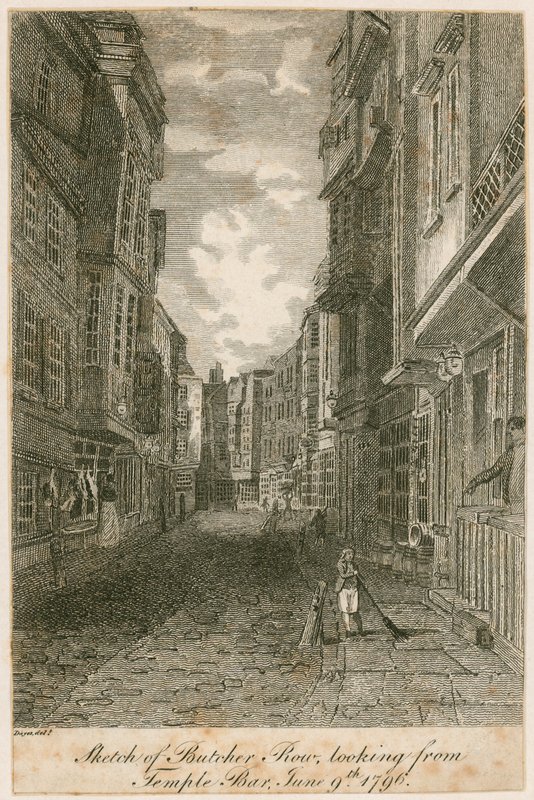 Vázlat a Butcher Row-ról, a Temple Barból nézve, 1796. június 9 alkotó: Edward Dayes