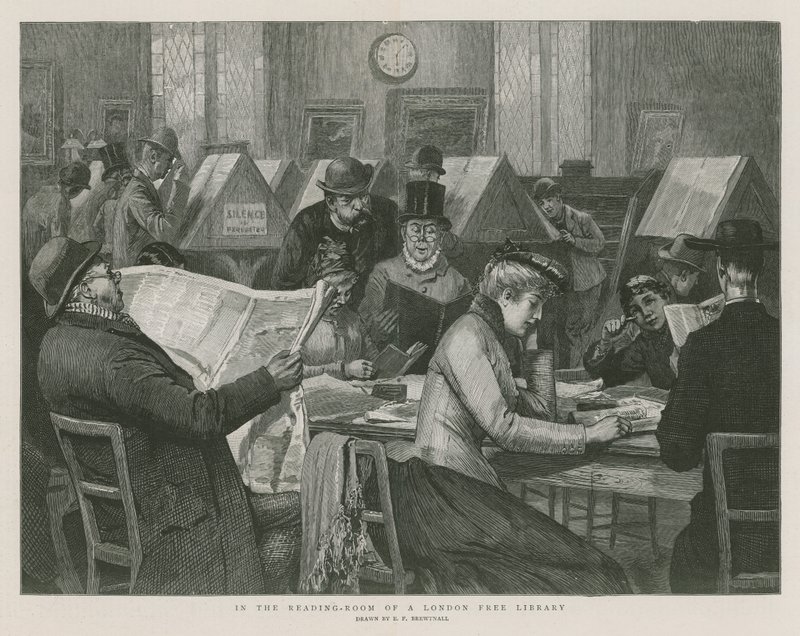 Egy londoni ingyenes könyvtár olvasótermében alkotó: Edward Frederick Brewtnall