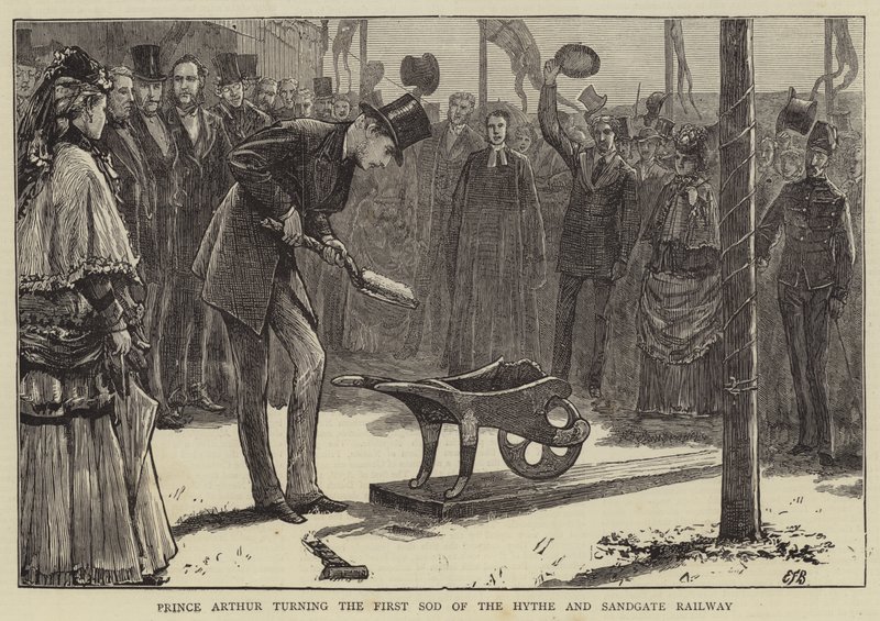 Arthur herceg megfordítja a Hythe és Sandgate vasút első pálcáját alkotó: Edward Frederick Brewtnall