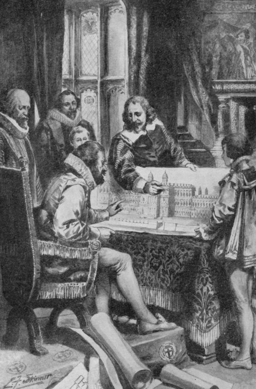 Inigo Jones megmutatja I. Jakab királynak a Whitehall újjáépítésére vonatkozó terveit (lithó) alkotó: Edward Frederick Skinner