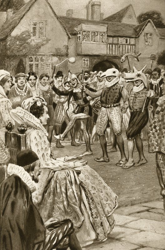 I. Ellizabeth királynő, akit tréfamesterek szórakoztatnak (litográfia) alkotó: Edward Frederick Skinner