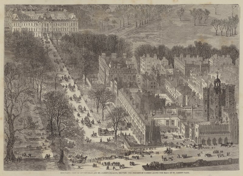 A Buckingham és a Szent Jamess palota madártávlati képe, amint a menet végigvonul ? alkotó: Edward Hull