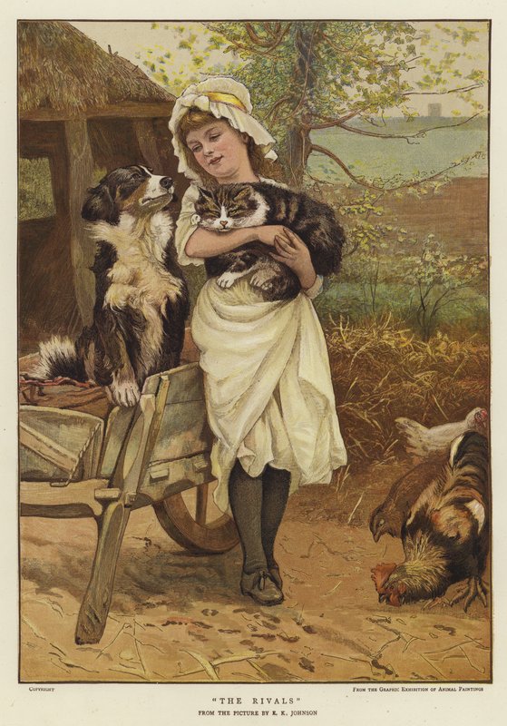 Egy fiatal lány macskát tart a karjában egy kutya mellett (színes litho) alkotó: Edward Killingworth Johnson