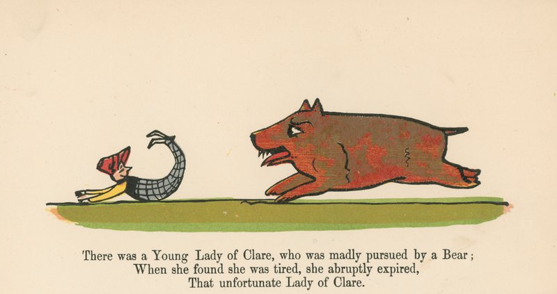 Volt egy Clare-i ifjú hölgy, akit őrülten üldözött egy medve a Frederick Warne and Co. kiadásában, Londonban, 1875 körül megjelent „A könyv a nonsense”-ből. alkotó: Edward Lear