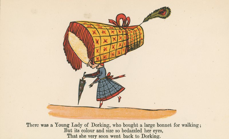 Volt egy dorkingi fiatal hölgy, aki a Frederick Warne and Co. által 1875 körül Londonban kiadott "A Book of Nonsense" című könyvből vett egy nagy főkötőt a sétához. alkotó: Edward Lear