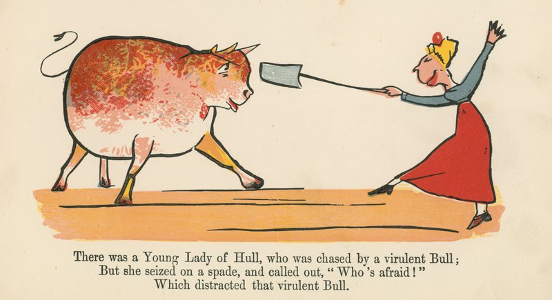 Volt egy Hull-i Ifjú Hölgy, akit egy virulens bika üldözött az „A Book of Nonsense”-ből, amelyet Frederick Warne and Co. adott ki, London, 1875 körül. alkotó: Edward Lear