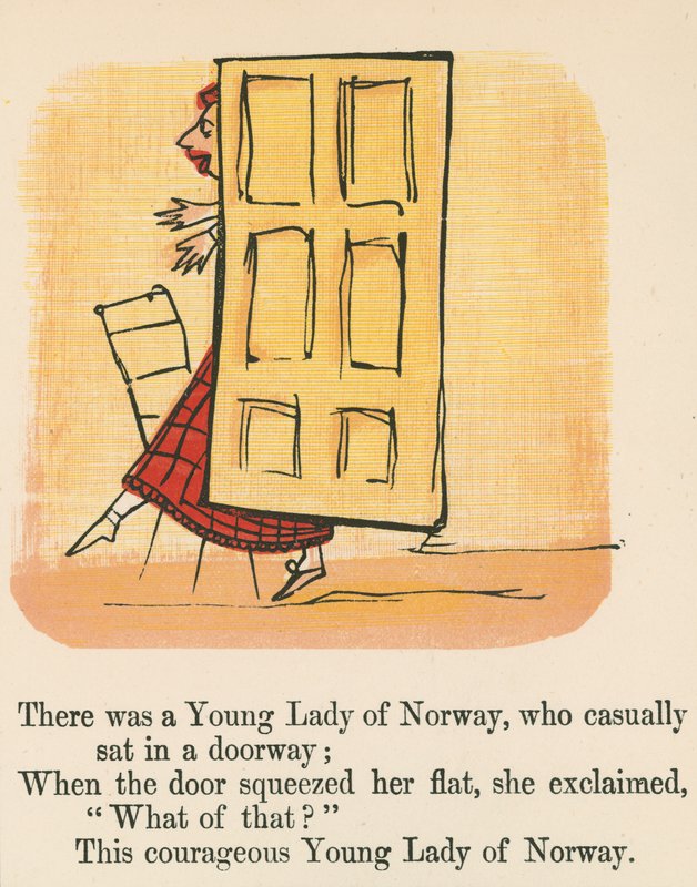 Volt egy norvég fiatal hölgy, aki lazán ült az ajtóban, a Frederick Warne and Co. kiadásában, 1875 körül Londonban megjelent „A könyv a nonsense”-ből. alkotó: Edward Lear