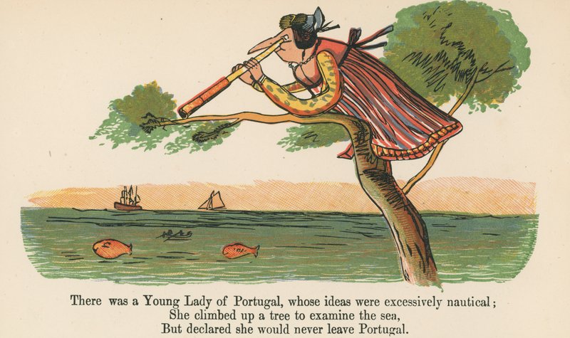Volt egy Portugál Fiatal Hölgy, akinek az ötletei túlzottan tengeriek voltak, a Frederick Warne and Co. kiadásában, 1875 körül Londonban megjelent „A könyv a nonszensz”-ből. alkotó: Edward Lear