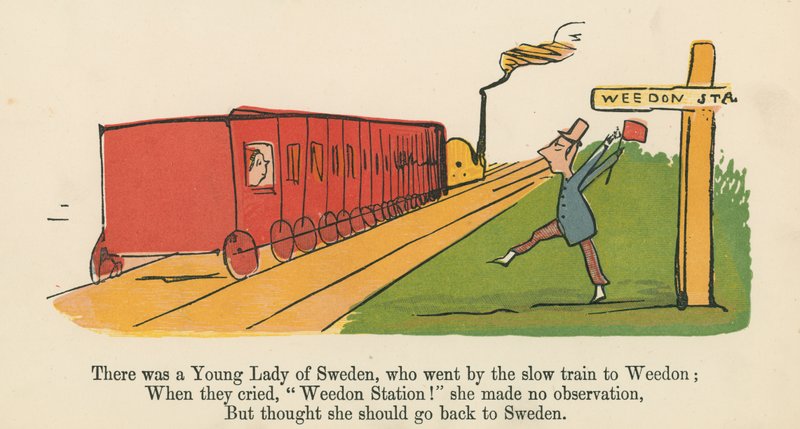 Volt egy svéd ifjú hölgy, aki a lassú vonattal ment Weedonba, a Frederick Warne and Co. által kiadott "A Book of Nonsense" című könyvből, London, 1875 körül. alkotó: Edward Lear