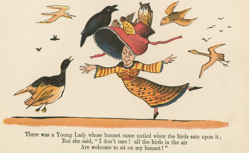 Volt egy fiatal hölgy, akinek a főkötője eloldódott, amikor a madarak ráültek, a Frederick Warne and Co. által kiadott "A Book of Nonsense"-ből, London, 1875 körül. alkotó: Edward Lear
