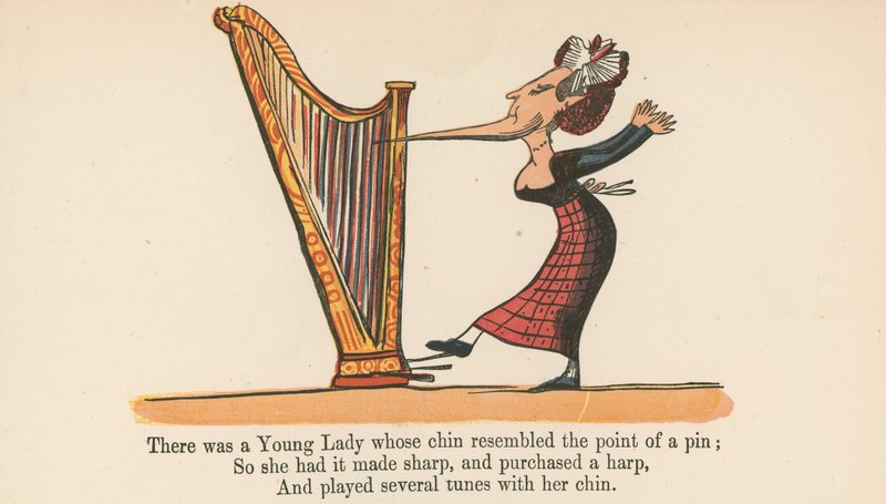Volt egy fiatal hölgy, akinek az álla egy tű hegyére hasonlított, a Frederick Warne and Co. által kiadott "A Book of Nonsense" című könyvből, London, 1875 körül. alkotó: Edward Lear