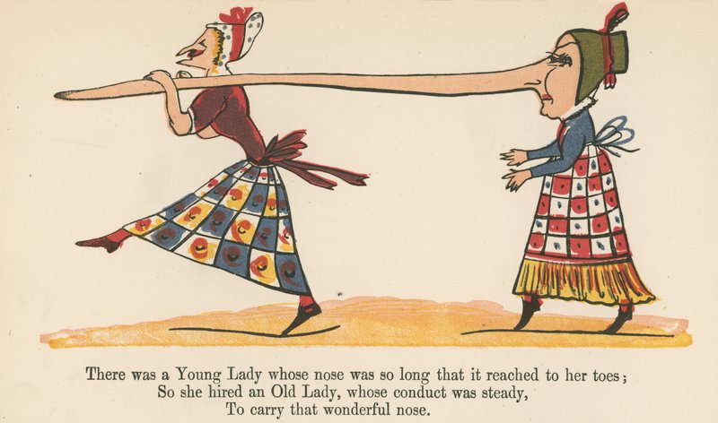 Volt egy fiatal hölgy, akinek az orra olyan hosszú volt, hogy a lábujjáig ért, a Frederick Warne and Co. által kiadott "A Book of Nonsense"-ből, London, 1875 körül. alkotó: Edward Lear
