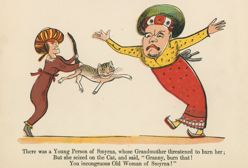 Volt egy szmirnai fiatal, akit a nagymamája megfenyegetett, hogy elégeti, a Frederick Warne and Co. kiadásában, Londonban, 1875 körül "A könyv a nonszenszben" alkotó: Edward Lear