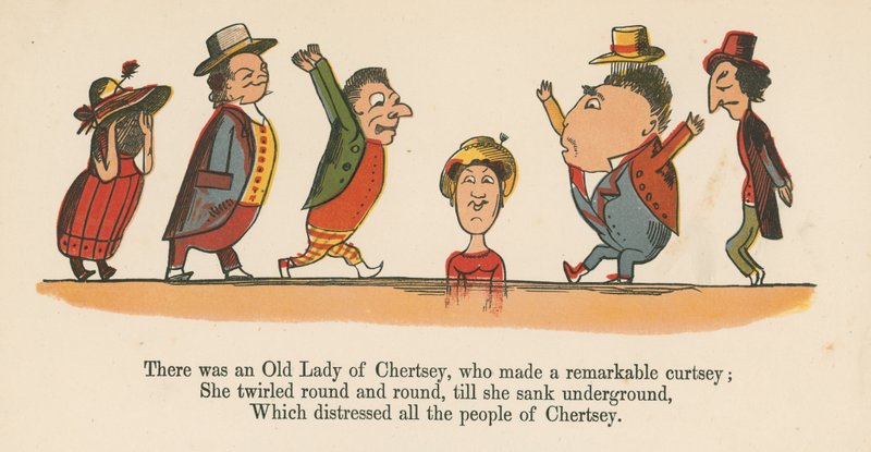 Volt egy Chertsey-i Öreg Hölgy, aki figyelemreméltó beszólást csinált az „A Book of Nonsense”-ből, amelyet Frederick Warne and Co. adott ki, London, 1875 körül. alkotó: Edward Lear