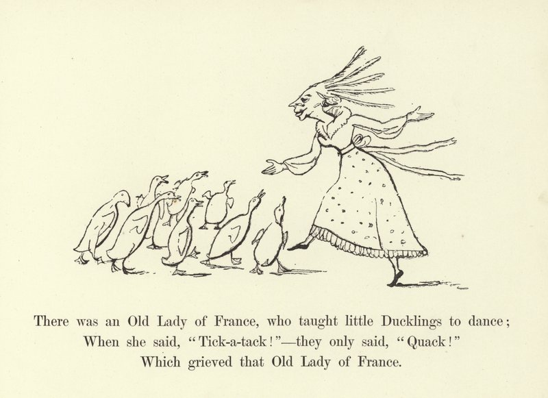 Volt egy francia öregasszony, aki táncolni tanította a kiskacsákat alkotó: Edward Lear