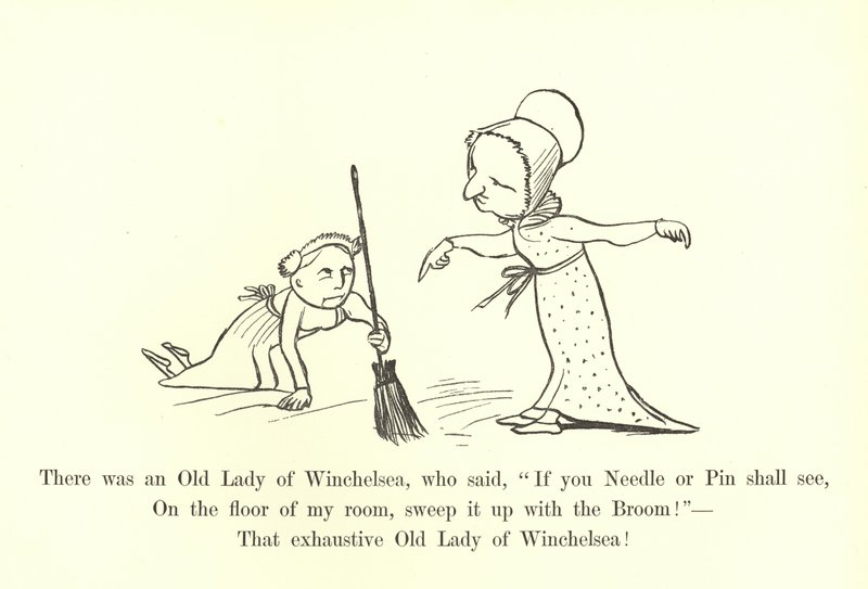 Volt egy Winchelsea-i Öreg Hölgy, aki azt mondta: Ha tű vagy tű meglátja, a szobám padlóján söpörje fel a seprűvel! alkotó: Edward Lear