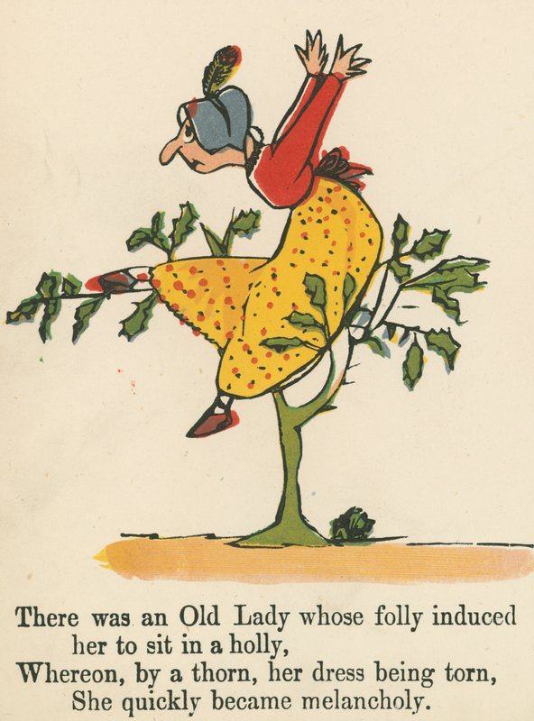 Volt egy Öreg Hölgy, akit az ostobaság arra késztette, hogy egy magyalban üljön, az „A könyv a nonsense”-ből, amelyet Frederick Warne and Co. adott ki, London, 1875 körül. alkotó: Edward Lear
