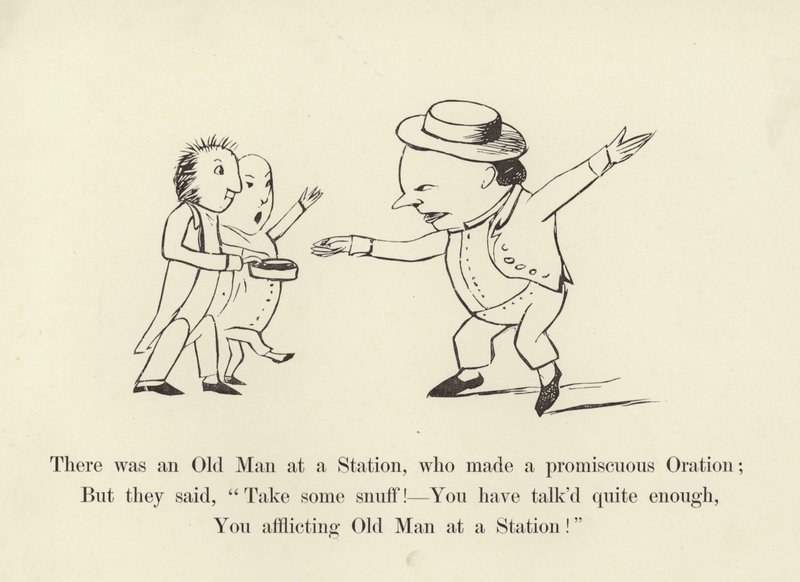 Volt egy Öregember az állomáson, aki egy ígéretes szónoklatot mondott. alkotó: Edward Lear